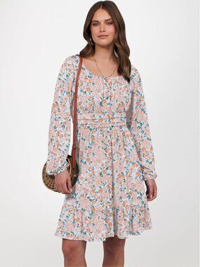 Women's Pink Orange Long Lantern Sleeve Ruffle Flowy Swing A-Line Short Dress